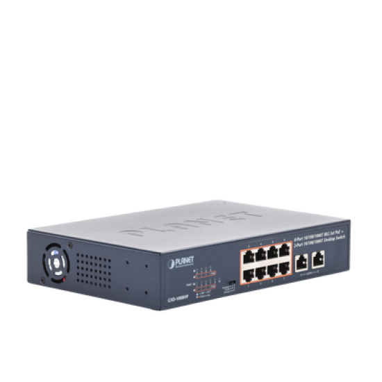 Switch PoE No Administrable, Modo Extendido Hasta 250 m, 10 Puertos 10/100/1000 Mbps, 8 Puertos PoE 802.3af/at, 2 Puertos Uplink, Hasta 120 W