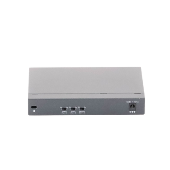 Switch PoE no Administrable de escritorio / 6 puertos 10/100 Mbps / 4 puertos PoE af/at / Presupuesto 67 W / Modo Extensor hasta 250 m / Calidad video prioritaria