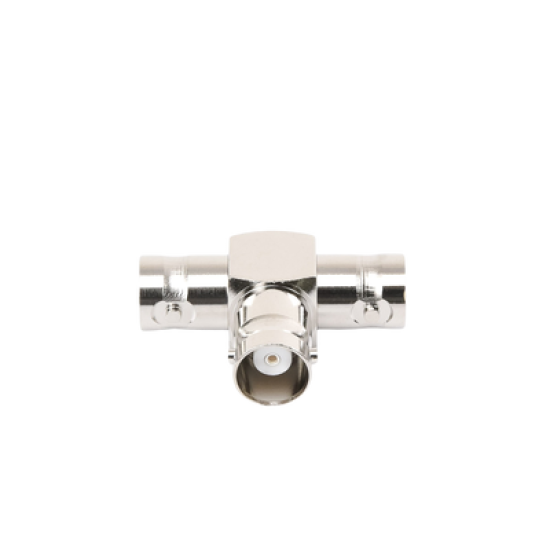 Adaptador Triple en T para 50 Ohm de BNC Hembra a Doble BNC Hembras, Níquel/ Plata/ Teflón.