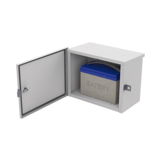 Gabinete de Acero Galvanizado, para Instalación de 1 Batería PL110D12, (550 x 420 x 290 mm)  Instalación en piso o poste, accesorios (No incluidos)