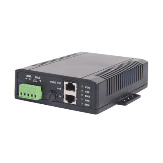 Controlador Solar POE, Entrada 12 Vcc Hasta un Panel Solar de 125 Watts, Salida PoE Pasivo en 12 Vcc Hasta 10 Watts Máximo.