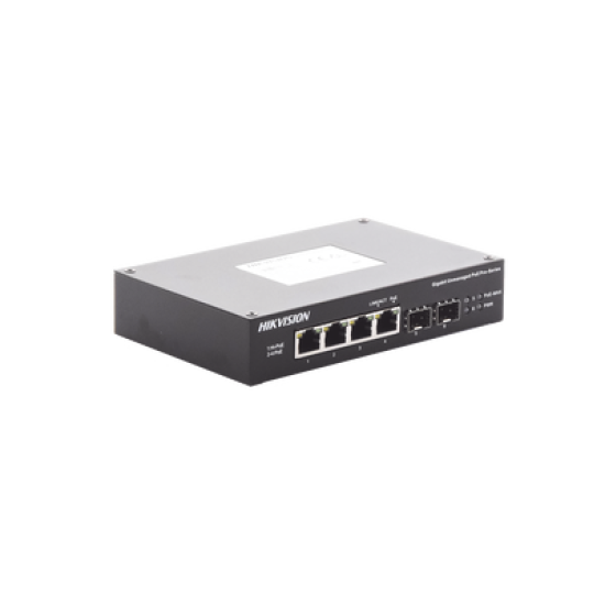 Switch Industrial No Administrable Gigabit / 3 Puertos Gigabit PoE+ (30 W) + 1 Puerto Gigabit PoE++ (60 W) / 2 Puertos SFP / 65 W Total / 48 a 57 VCD / Ideal para Proyectos / 300 Metros de Distancia