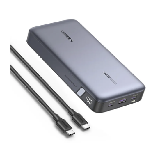 Power Bank de 25000mAh | 3 Salidas 145W Max. | USB-A + 2 USB-C | PD 3.0, QC3.0 | FCP | SCP | Pantalla Inteligente | Carcasa Ignifuga | Color Gris | Incluye Cable USB de 50cm | Carga tu Laptop de Manera Segura.