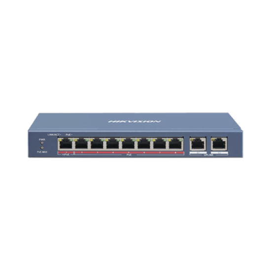 Switch PoE+ / No Administrable / 6 Puertos 10/100 Mbps 802.3 af/at (30 W) / 1 Puerto 10/100 Mbps Hi-PoE (90 W)  / 2 Puertos 1000 Mbps Uplink / Modo Extendido hasta 300 Metros / 110 Watts
