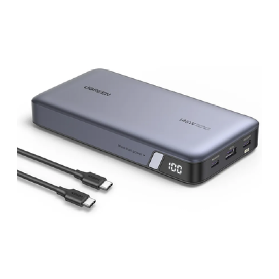 Power Bank de 25000mAh | 3 Salidas 145W Max. | USB-A + 2 USB-C | PD 3.0, QC3.0 | FCP | SCP | Pantalla Inteligente | Carcasa Ignifuga | Color Gris | Incluye Cable USB de 50cm | Carga tu Laptop de Manera Segura.