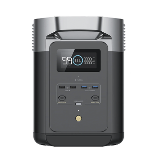 Estación de Energía Portátil Delta 2 1024Wh Litio LFP / 6 AC 1800 W (Max. 2200W) / 2 USB-C 100W / Capacidad para Aumentar Respaldo / Cargador de Coche 10A a 12.6V / Conectividad WiFi y Bluetooth (App) / Carga Solar 500W Max.