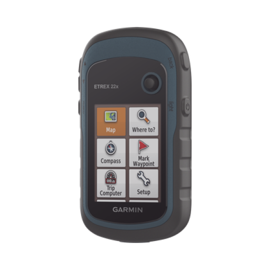 GPS portátil eTrex22x con mapa base precargado, almacena hasta 2000 puntos de interés, e incluye función de cálculo de áreas.