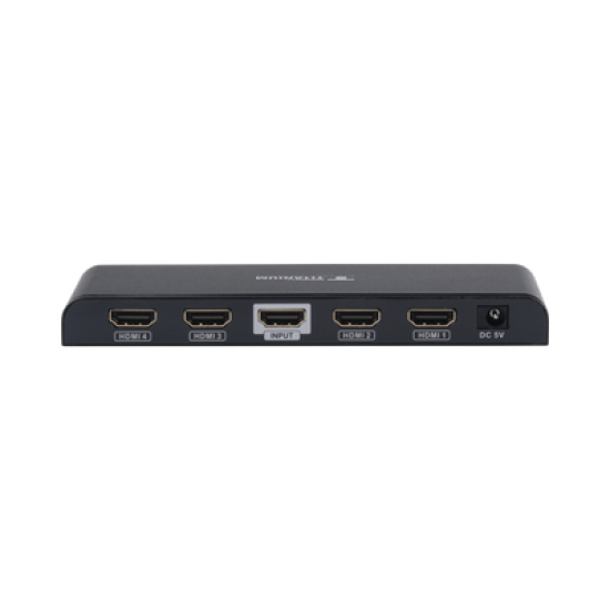 Divisor (Splitter) HDMI 4K de 1 Entrada a 4 Salidas (Simultaneas) / Soporta 4K×2K / Soporta hasta 4 equipos con conexión en Cascada / HDMI 3D  / HDR / HDMI 1.4 /  HDCP 1.4  / Audio PCM / Longitud del cable de entrada ≤30m y salida ≤25m.