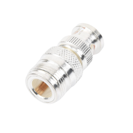 Adaptador en Linea para 50 Ohm, de Conector N Hembra a BNC Macho, Plata /Oro /Teflón.