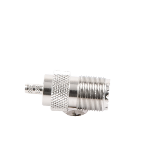 Conector UHF Hembra (SO-239) en Línea, de Anillo Plegable para Cable RG-58/U, RG-142/U, Níquel/ Plata/ Delrin.