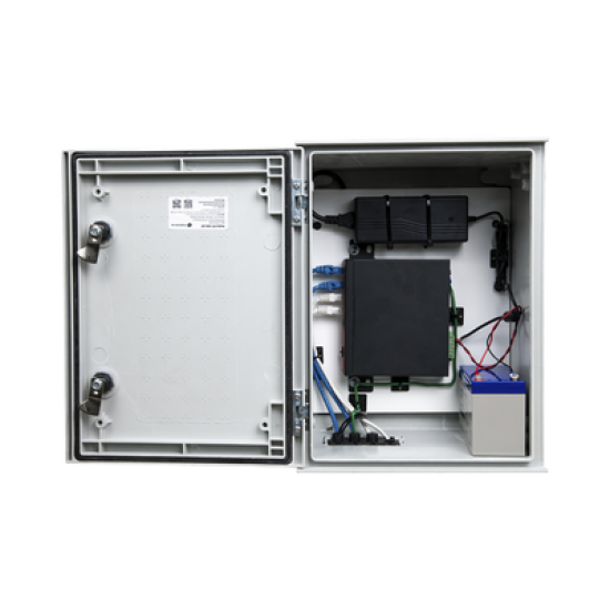 KIT de Gabinete de Poliéster (300 x 400 x 200 mm) + Controlador de Carga con Switch PoE (5) + Batería de 12V 7Ah
