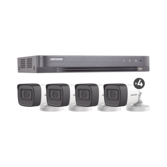 (MICRÓFONO INTEGRADO) KIT TURBOHD 5 Megapixel / DVR 4 Canales / 4 Cámaras Bala con Micrófono Integrado (exterior 2.8 mm) / Fuente de Poder / Accesorios de Instalación