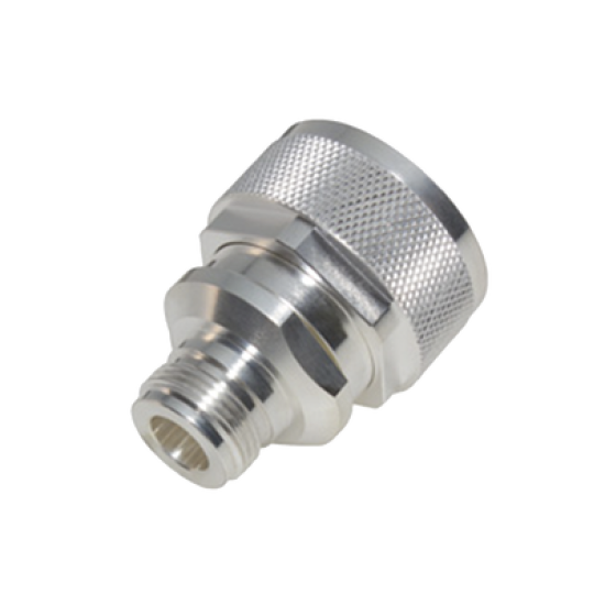 Adaptador en Línea de Conector DIN 7-16 Macho a N Hembra, Plata/ Plata/ Teflón.