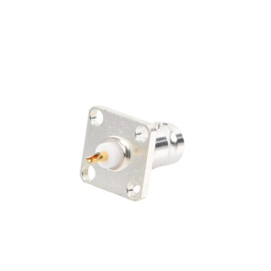 Conector BNC Hembra para Chasis, 4 Perforaciones con 12.7 mm, Plata/ Oro/ Teflón.