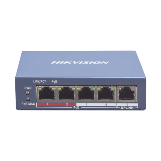 Switch Monitoreable PoE+ / 4 puertos 100 Mbps PoE+ / 1 Puerto 100 Mbps Uplink / PoE hasta 250 Metros / 60 Watts / Conexión Remota desde Hik-PartnerPro