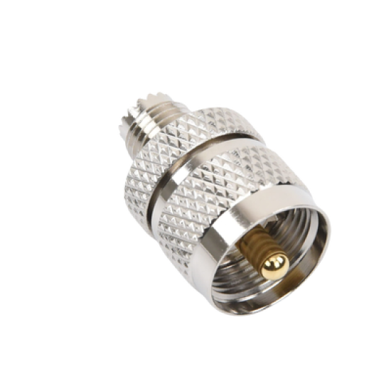 Adaptador en Línea de Conector Mini UHF Hembra a UHF Macho (PL-259), Níquel/ Oro/ Teflón.
