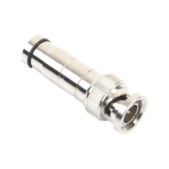 Conector BNC Macho en 75 Ohm, de Compresión Axial para Cable Coaxial RG-59/U, Níquel/ Oro/ Politetrafluoroetileno.