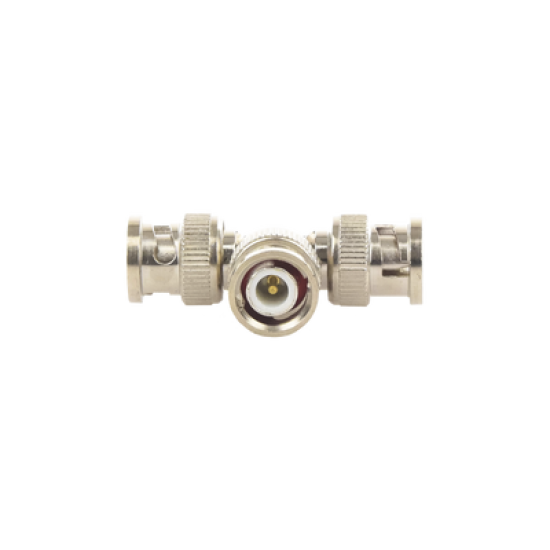 Adaptador de Triple conectores BNC macho para uso en sistemas de video vigilancia en aplicación con cables coaxiales RG-59/ RG-6, Níquel/ Oro/ Politetrafluoroetileno.