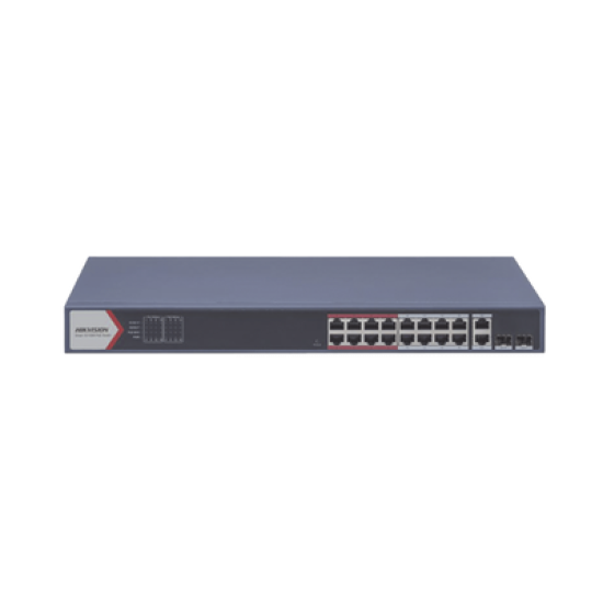 Switch PoE+ / Monitoreable / 16 puertos 10/100 Mbps PoE+ / 2 Puertos 1000 Mbps Uplink / 2 Puertos SFP de Uplink /  Configuración Nube Hik-Partner Pro / Modo Extendido hasta 300 metros / 230 W 