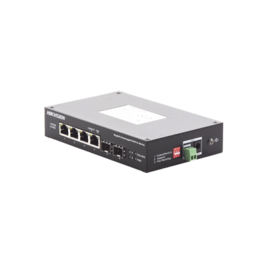 Switch Industrial No Administrable Gigabit / 3 Puertos Gigabit PoE+ (30 W) + 1 Puerto Gigabit PoE++ (60 W) / 2 Puertos SFP / 65 W Total / 48 a 57 VCD / Ideal para Proyectos / 300 Metros de Distancia