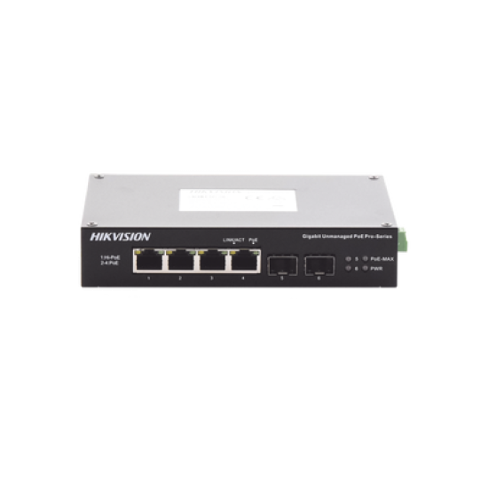 Switch Industrial No Administrable Gigabit / 3 Puertos Gigabit PoE+ (30 W) + 1 Puerto Gigabit PoE++ (60 W) / 2 Puertos SFP / 65 W Total / 48 a 57 VCD / Ideal para Proyectos / 300 Metros de Distancia