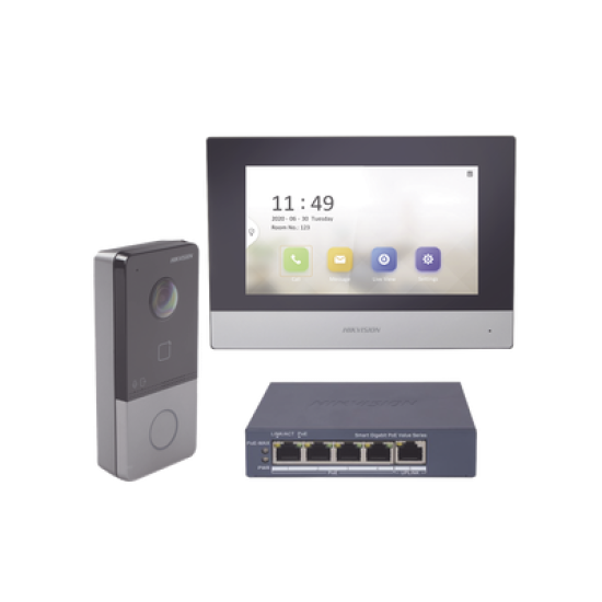 Kit de Videoportero IP + Switch Poe Poe Estandar con llamada a App de Smartphone (HikConnect) / Apertura con tarjeta MIFARE / Frente de calle IP65 / Soporta 1 Departamento