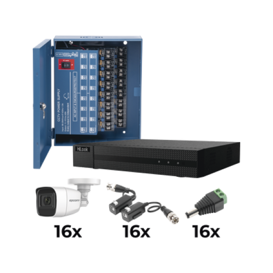 KIT TurboHD 1080p / DVR 16 Canales / 16 Cámaras Bala Policarbonato con Microfono (exterior 2.8 mm) / Transceptores / Conectores / Fuente de Poder Profesional
