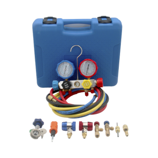 Juego de manómetros para aire acondicionado, herramienta de carga de refrigerante, doble válvula con adaptadores de acoplamiento rápido, manguera de 1.5 metros para refrigerantes : R410A, R32, R134A, R22 