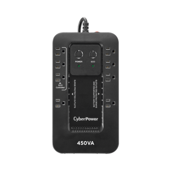 UPS de 450 VA/260 W, Topología Standby con Modo Ahorrador ECO, Entrada 120 Vca NEMA 5-15P, Con 8 Tomas NEMA 5-15R 