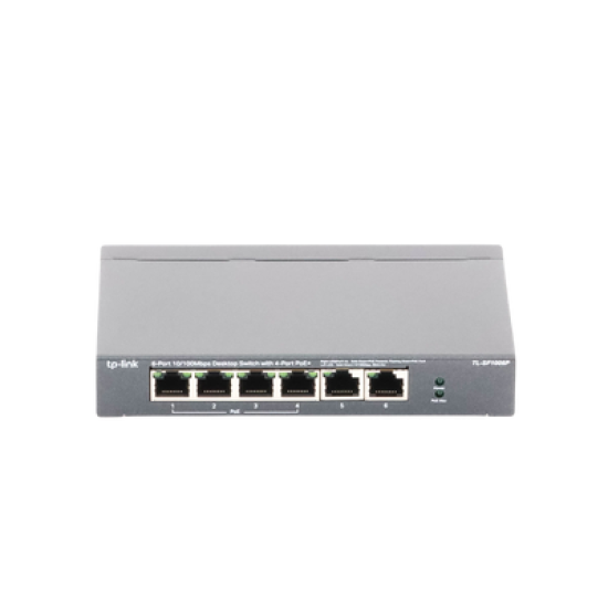 Switch PoE no Administrable de escritorio / 6 puertos 10/100 Mbps / 4 puertos PoE af/at / Presupuesto 67 W / Modo Extensor hasta 250 m / Calidad video prioritaria