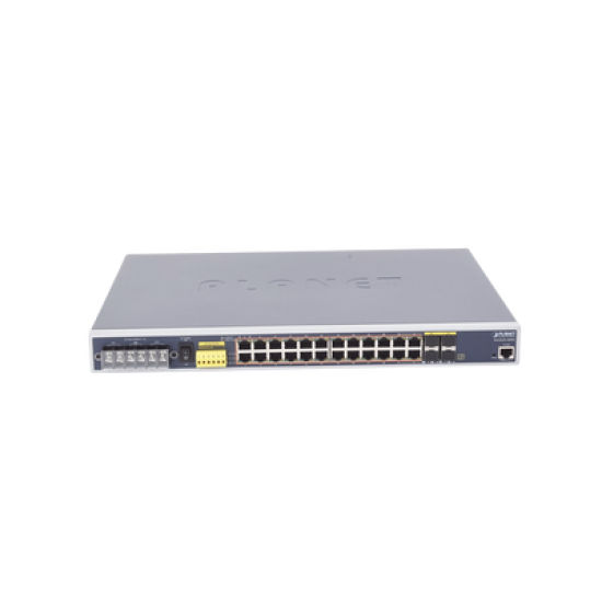 Switch PoE Industrial Capa 3, Con 24 Puertos PoE Gigabit  802.3af/at, 4 Puertos SFP Compartidos 100 / 1000X, Soporta temperaturas extremas de -40 ~ 75°C