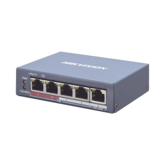 Switch Monitoreable PoE+ / 4 puertos 100 Mbps PoE+ / 1 Puerto 100 Mbps Uplink / PoE hasta 250 Metros / 60 Watts / Conexión Remota desde Hik-PartnerPro