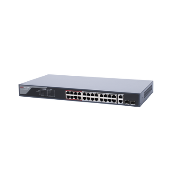 Switch Monitoreable PoE+ / 24 Puertos 100 Mbps PoE+ / 2 Puertos 1000 Mbps + 2 Puertos SFP de Uplink / PoE hasta 250 Metros / Conexión Remota desde Hik-PartnerPro / 370 Watts