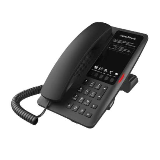 Teléfono IP WI-FI para Hotelería, Puerto USB-A para carga, 5 teclas programables para servicio rápido (Hotline), plantilla personalizable con PoE