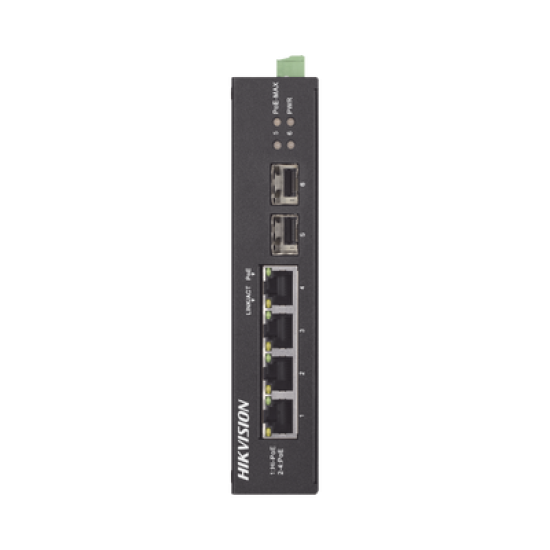 Switch Industrial No Administrable Gigabit / 3 Puertos Gigabit PoE+ (30 W) + 1 Puerto Gigabit PoE++ (60 W) / 2 Puertos SFP / 65 W Total / 48 a 57 VCD / Ideal para Proyectos / 300 Metros de Distancia