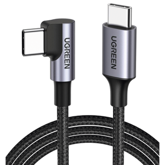 Cable USB-C a USB-C | 1 Metro | Conector con Ángulo Recto de 90° | Carga Rápida de hasta 60W | 480 Mbps | PD3.0 | QC4.0/3.0/2.0 | FPC | AFC | Protección Integrada| Caja de Aluminio | Nylon Trenzado | Color Negro.