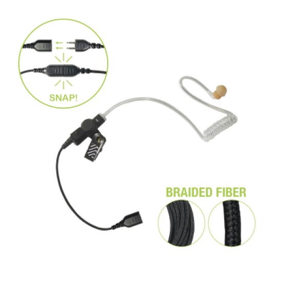 Auricular de tubo acústico transparente con cable de fibra tranzada con conector SNAP tipo MIRAGE. Requiere micrófono de solapa de 1 o 2 hilos de la Serie SNAP.