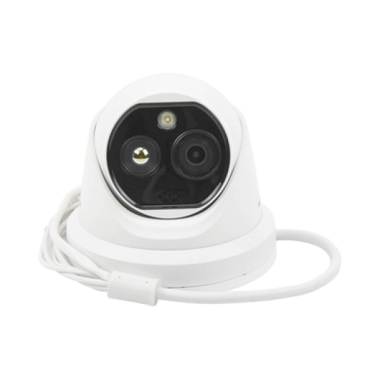 Turret IP Dual / Térmica 1.8 mm (160 x 120) / Óptico 2 mm (4 Megapixel) / Detección de Personas 53 mts / 15 mts IR / Exterior IP67 / PoE / Termométrica / Detección de Temperatura / Sirena y Luz / Micro SD 32 GB Incluida 
