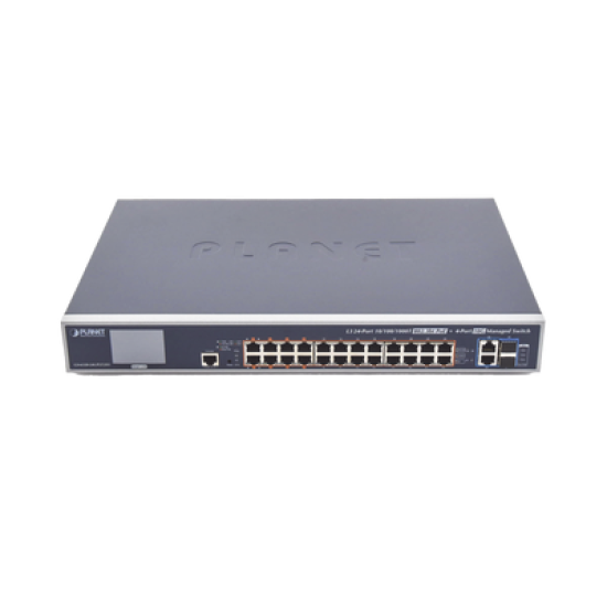 Switch Administrable L3, 24 puertos Gigabit PoE 802.3bt, 2 puertos 10G SFP+, Pantalla Tactil, Fuente Redundante, (600W)