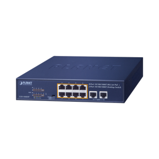 Switch PoE No Administrable, Modo Extendido Hasta 250 m, 10 Puertos 10/100/1000 Mbps, 8 Puertos PoE 802.3af/at, 2 Puertos Uplink, Hasta 120 W