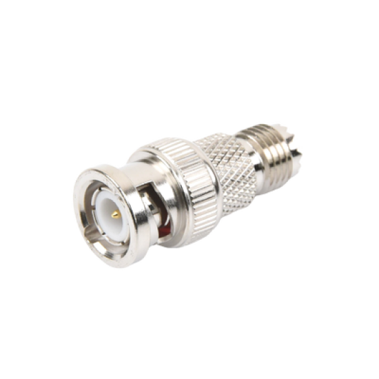 Adaptador en Línea de Conector Mini-UHF Hembra a BNC Macho, Níquel/ Oro/ Teflón.