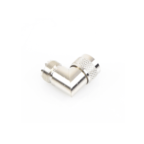 Adaptador en Ángulo Recto, de Conector UHF Macho (PL-259) a UHF Hembra (SO-239), Níquel/ Oro/ Delrin.