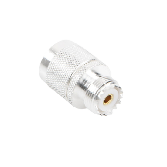 Adaptador en Línea, de Conector N Macho a UHF Hembra (SO-239), Plata/ Oro/ Teflón.
