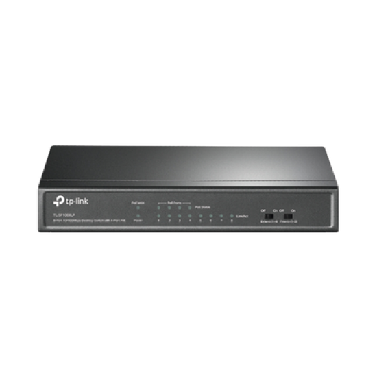 Switch PoE No Administrable de Escritorio / 8 puertos 10/100 Mbps / 4 puertos PoE af / Presupuesto 41 W / Modo extensor PoE hasta 250 metros / Calidad video prioritaria