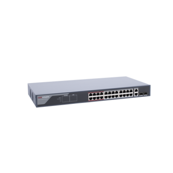 Switch Monitoreable PoE+ / 24 Puertos 100 Mbps PoE+ / 2 Puertos 1000 Mbps + 2 Puertos SFP de Uplink / PoE hasta 250 Metros / Conexión Remota desde Hik-PartnerPro / 370 Watts