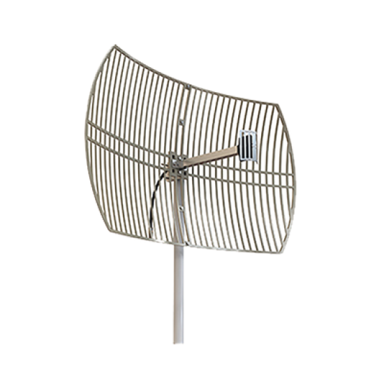 Antena Rejilla direccional, Ganancia 24 dBi, Dimensiones (90 x 60 x 38 cm), rango de frecuencia (2300-2500 MHz).