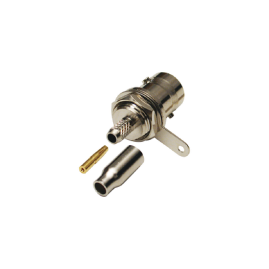 Conector BNC Hembra a 50 Ohm, Montaje Frontal en D-Plano, Anillo Plegable para Cables RG-174/U y RG-316/U, Niquel/ Oro/ Teflón.