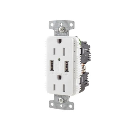 Contacto Dúplex con 2 Puertos USB, 15A 125V, 2 Polos, 3 Hilos, Color Blanco. 