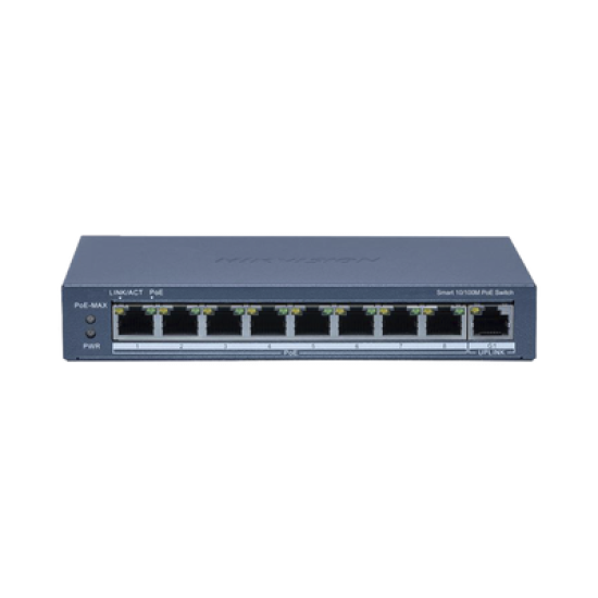 Switch PoE+ / Monitoreable / 8 Puertos 10/100 Mbps PoE+ / 1 Puerto 1000 Mbps Uplink /  Configuración Nube Hik-Partner Pro / Modo Extendido hasta 300 metros / 60 W 