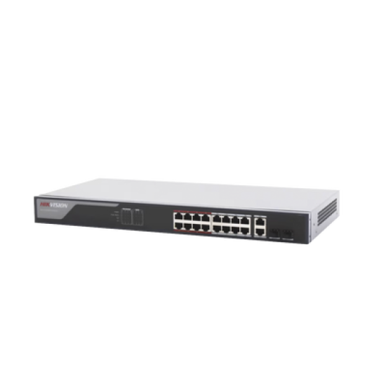 Switch PoE+ / Monitoreable / 16 puertos 10/100 Mbps PoE+ / 2 Puertos 1000 Mbps Uplink / 2 Puertos SFP de Uplink /  Configuración Nube Hik-Partner Pro / Modo Extendido hasta 300 metros / 230 W 